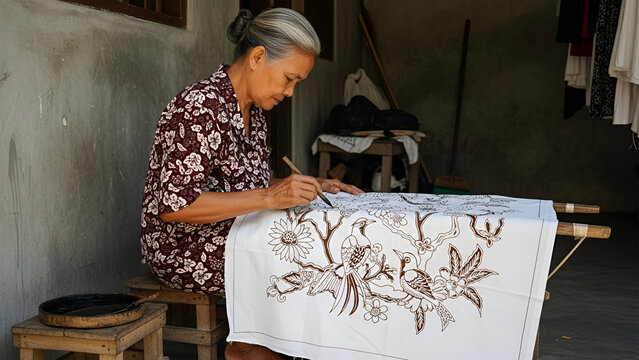 Elderly woman meticulously paints a batik design on fabric, seated outdoors.