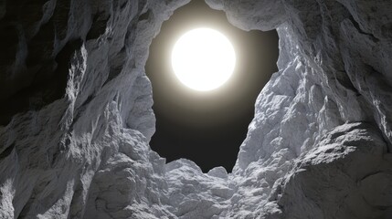 View from inside a textured rocky cave looking outwards towards a bright glowing circular light source illuminating the dark opening