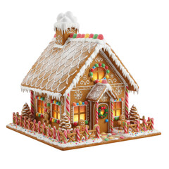 Festive gingerbread house cookie dessert for sweet christmas holiday. happy and whimsical traditional treat