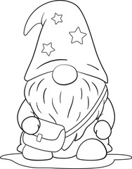 A cute gnome doodle hand drawn in black line art illustration. Gnome wearing sling bag clip art vector isolated for mascot, coloring page, character
