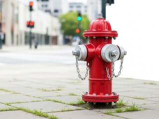 Red fire hydrant on city sidewalk with traffic light in background isolated on white background