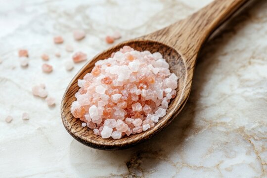 Wooden Spoon Filled with Pink Himalayan Salt
