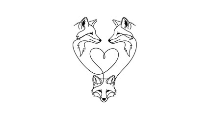 Elegant continuous line art of three foxes creating a love heart, representing family unity and affection