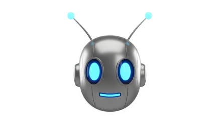 Shiny silver robot head with antennae and blue light eyes and mouth isolated on transparent background