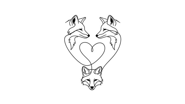Elegant continuous line art of three foxes creating a love heart, representing family unity and affection