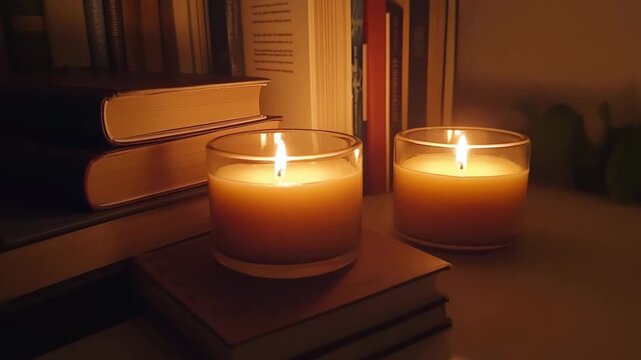 Candles illuminate a quiet space filled with books, creating a serene atmosphere perfect for relaxation