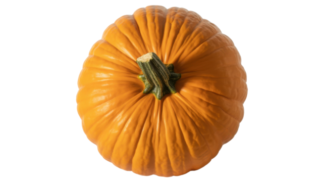 Top view of a bright orange pumpkin with a green stem isolated on transparent background