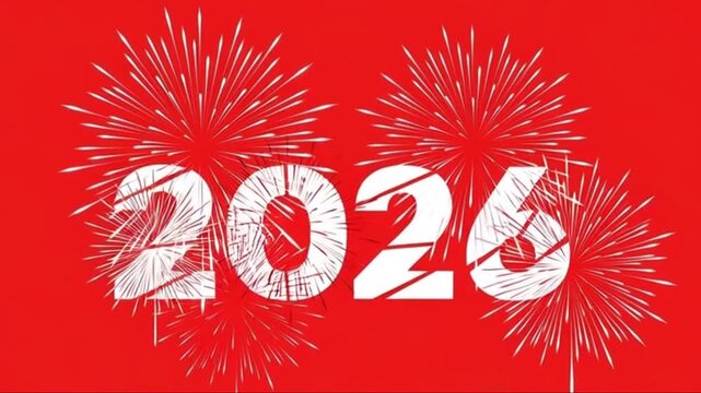 Vector Illustration of 2026 Year with Firework Bursts on Red Background