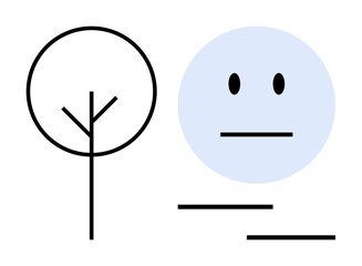 Simplified line drawing of a tree next to an abstract human face with neutral expression. Ideal for nature, human emotion, simplicity, mindfulness, environment, relationships, minimal design. Modern