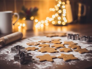 Christmas cookies on a table with rolling pin and festive lights background