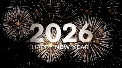 Happy New Year 2026 White Text Overlay on Explosive Firework Display Background