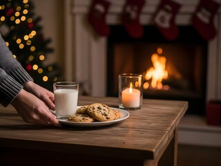 Cookies and milk on table with fireplace in background