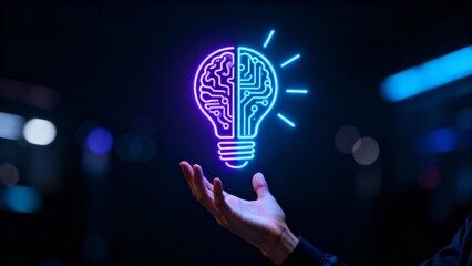 AI brain and lightbulb innovation concept glowing above open hand