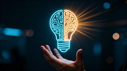 AI brain and lightbulb innovation concept glowing above open hand