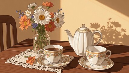 Cozy Morning Tea with Floral Teapot, Teacups, and a Vase of Fresh Flowers