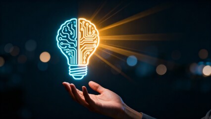 AI brain and lightbulb innovation concept glowing above open hand