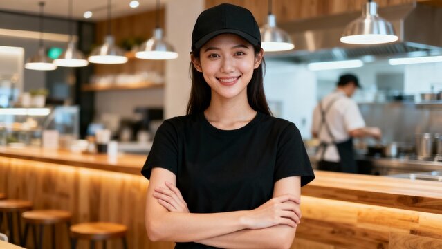Smiling restaurant staff standing confidently in modern cafe interior