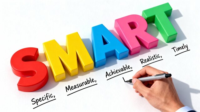 SMART goals concept with colorful 3D letters and handwritten elements