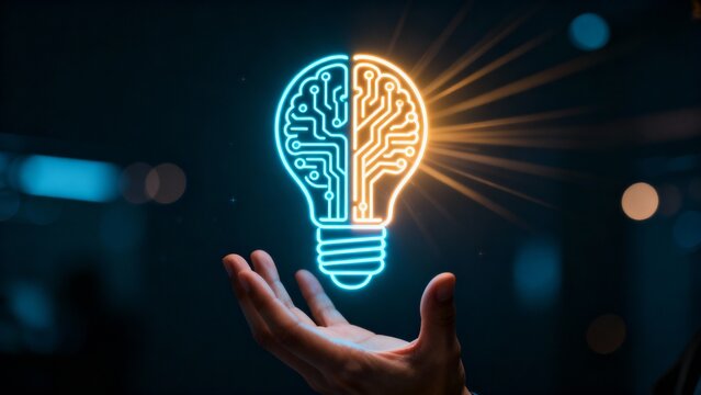 AI brain and lightbulb innovation concept glowing above open hand