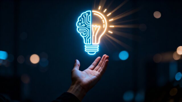 AI brain and lightbulb innovation concept glowing above open hand