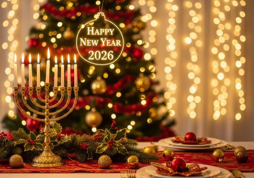 Lit menorah and festive table setting with "Happy New Year 2026", against a blurred Christmas tree background, celebrating both holidays.