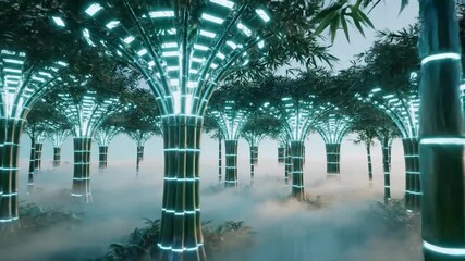 Futuristic digital forest with glowing bamboo like trees in misty environment - Powered by Adobe