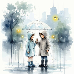 Watercolor painting of two children sharing an umbrella in the rain
