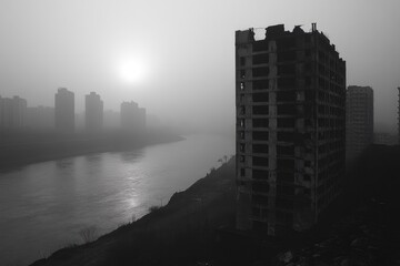 Monochromatic cityscape shrouded in dense fog with an abandoned building in the foreground, river reflecting the hazy sun, creating an eerie, desolate atmosphere.