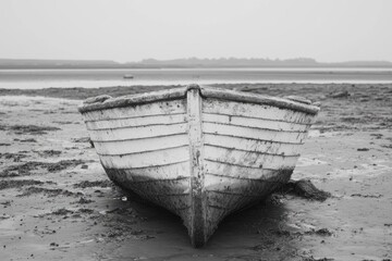 A weathered white wooden rowboat sits on a muddy, exposed tidal flat at low tide. This peaceful monochrome scene highlights coastal solitude.
