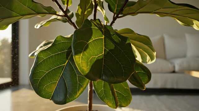 Fiddle leaf fig plant in modern living room sunlight interior decoration