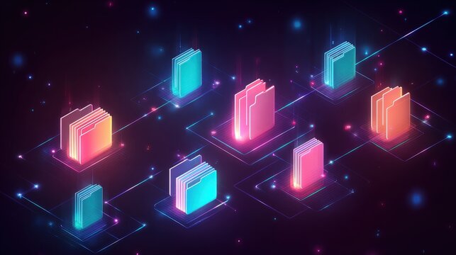 Abstract network grid with files and folders, futuristic software interface, digital document management system, store, search and organize documents, corporate business, paperless office	
