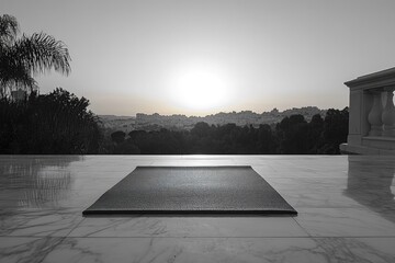 Fototapeta premium Yoga mat on a luxurious marble terrace overlooking a panoramic city and forest landscape at dawn/dusk, inviting peaceful practice.