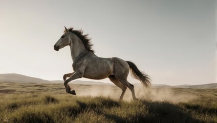 Obraz premium Majestic Gray Horse Galloping Freely Across a Grassy Hillside.