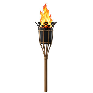 Burning tiki torch with bright flames for outdoor lighting and decoration isolated on transparent background