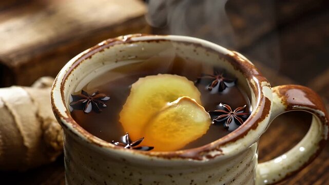 A steaming mug of golden ginger tea infused with star anise and a slice of ginger
