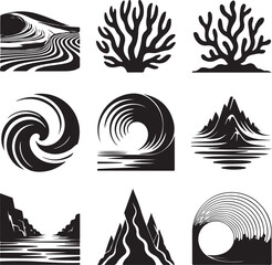 Black and white vector collection of ocean wave and mountain designs