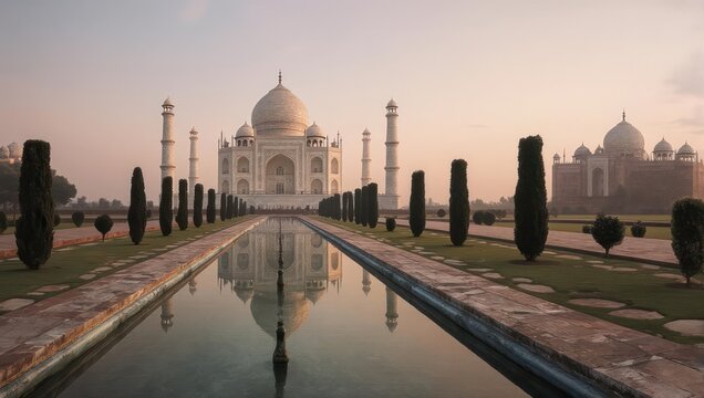 Majestic Taj Mahal at Sunrise Reflected in Water Channel.