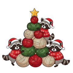 Christmas Raccoons with Yarn Ball Tree Vector | Cute Holiday Animal Illustration