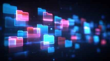 Abstract network grid with files and folders, futuristic software interface, digital document management system, store, search and organize documents, corporate business, paperless office	
