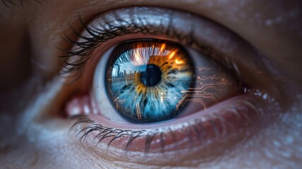 Futuristic human eye reflecting cityscape and digital circuits