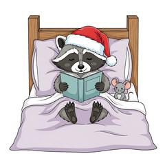 Cute Raccoon Reading in Bed Vector Design | Cozy Christmas Animal Illustration