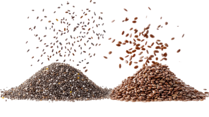 Two piles of chia seeds and flax seeds falling in the air side view on transparent background