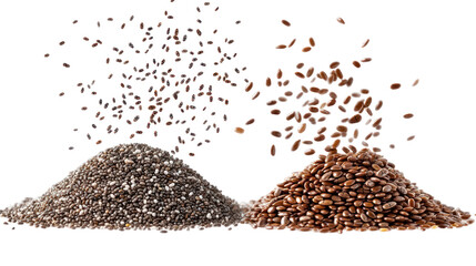 Two piles of chia seeds and flax seeds falling in the air side view on transparent background