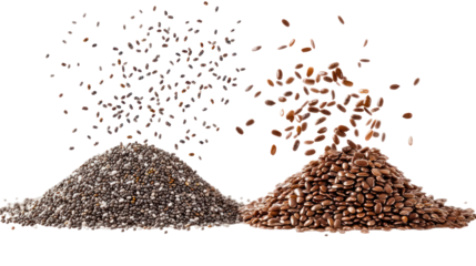 Two piles of chia seeds and flax seeds falling in the air side view on transparent background