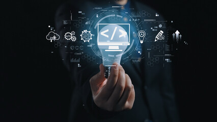 Modern web development concept featuring coding symbols, web development process, web development interface, and web development tools with futuristic design. Elide