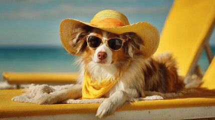 A colorful dog relaxes on a lounge chair at the beach wearing sunglasses and a sun hat. The bright sea and sky provide a fun summer atmosphere for this laid back scene.