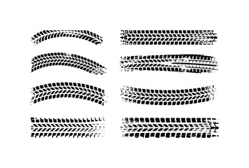 Obraz premium Collection of Black Tire Tracks and Tread Marks on White Background