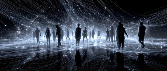 Silhouettes of individuals connect across a dark reflective surface with luminous golden energy threads