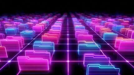 Fototapeta na wymiar Abstract network grid with files and folders, futuristic software interface, digital document management system, store, search and organize documents, corporate business, paperless office 
