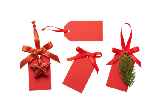 red christmas gift tag set or collection with fir tree branches and gift ribbon isolated on white or transparent png